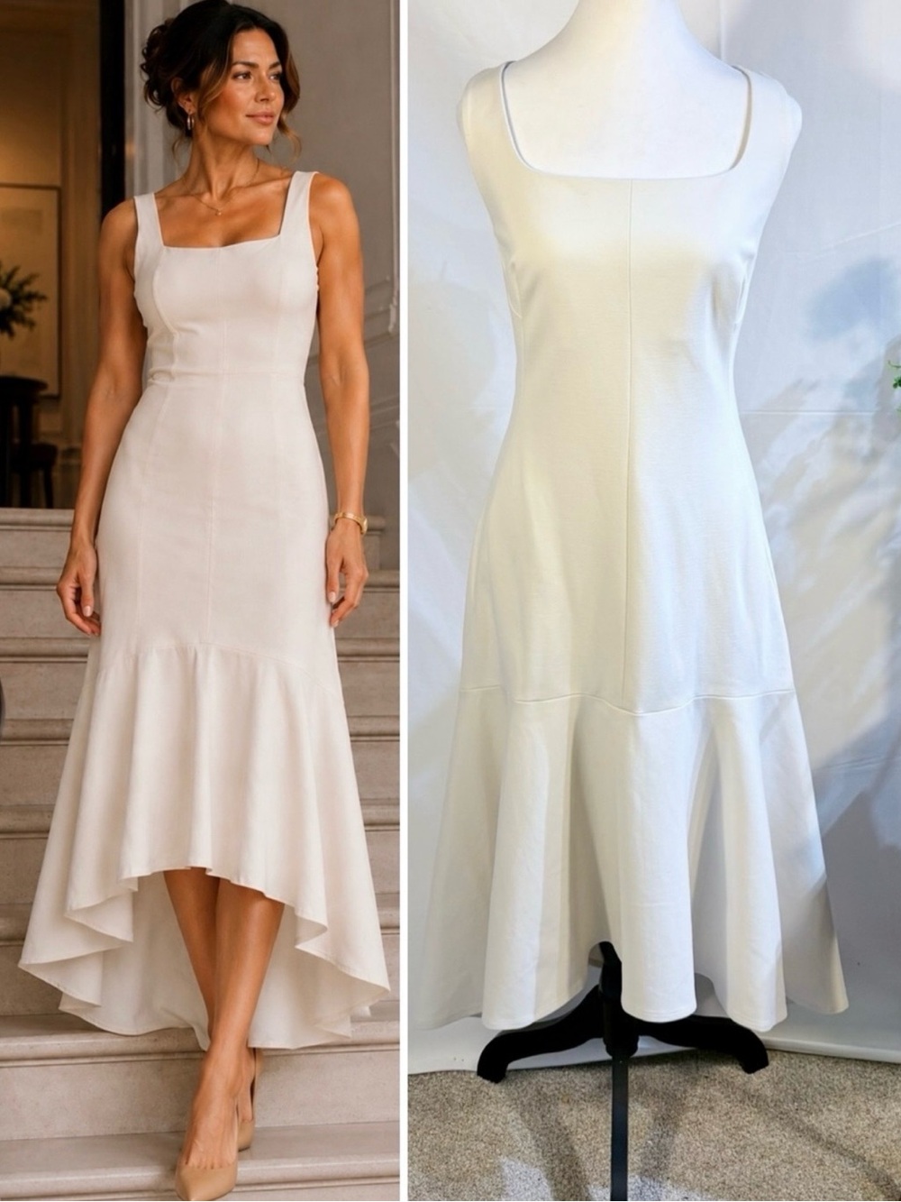 💥M.M.LaFleur James Dress Ivory Cream Washable Ponte Knit Fit Flare Midi Sz 12🧡